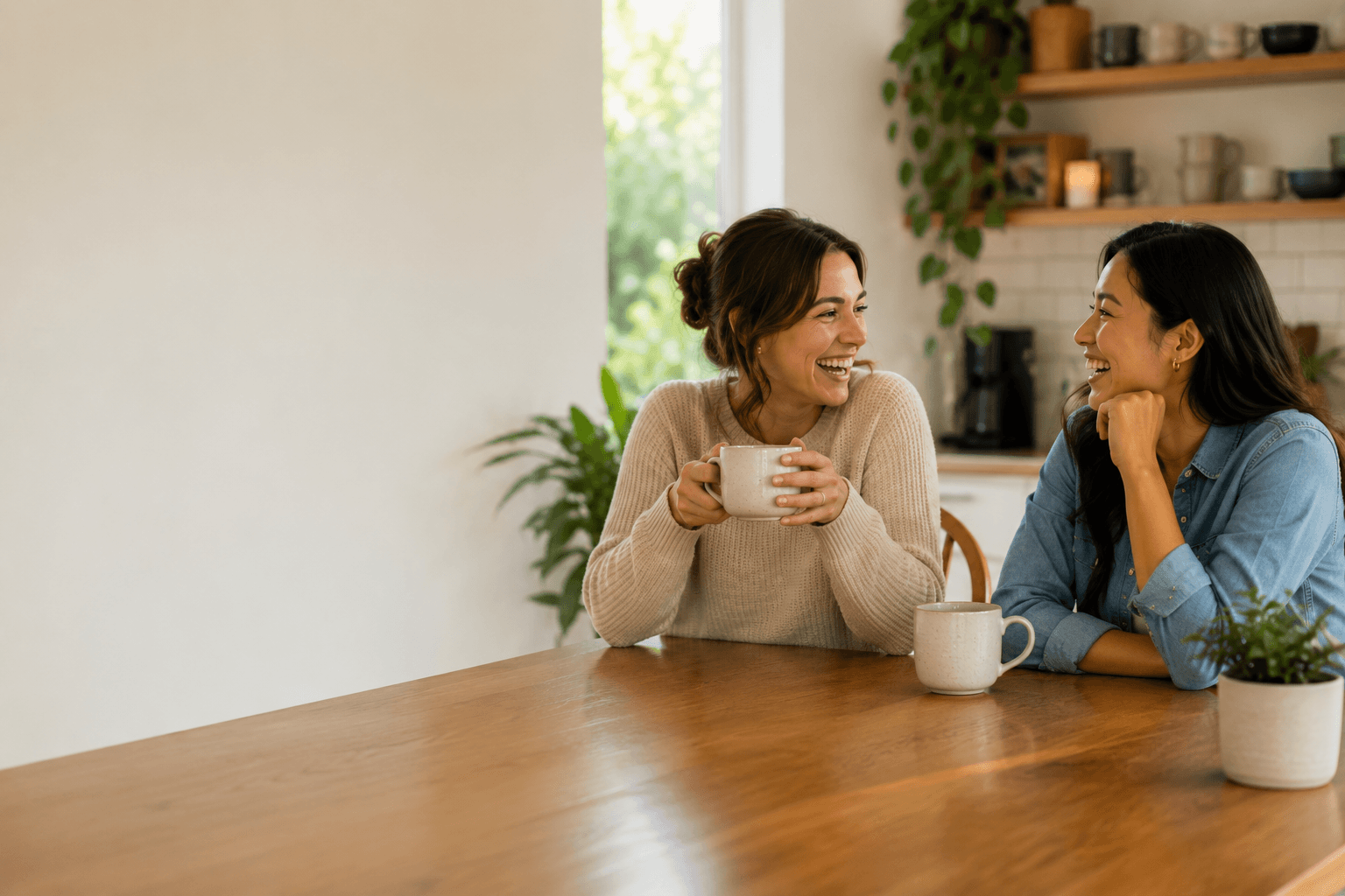 Two people enjoying a friendly conversation over coffee