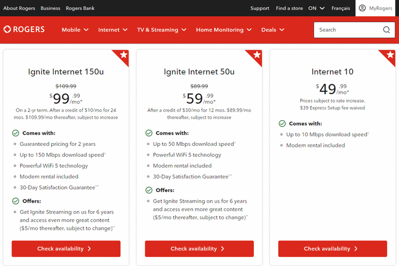 Most Affordable Internet Providers in Ontario for under $50 - Rogers Ignite Internet 50u & Internet 10 product