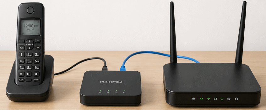 VoIP home phone setup with cordless phone, ATA adapter and Internet router
