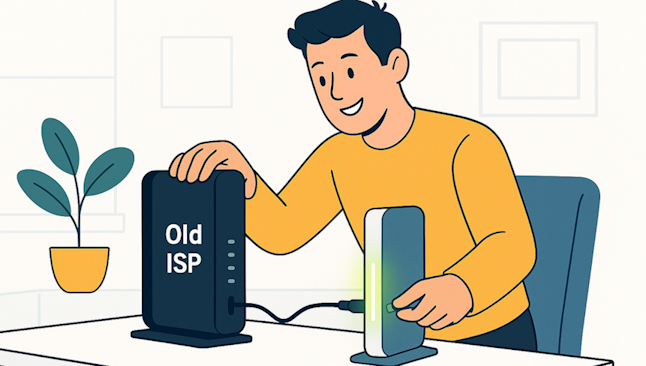 Switch Internet Provider - guy switching at desk with a plan, and two modems - old modem is being disconnected, new modem is being connected.
