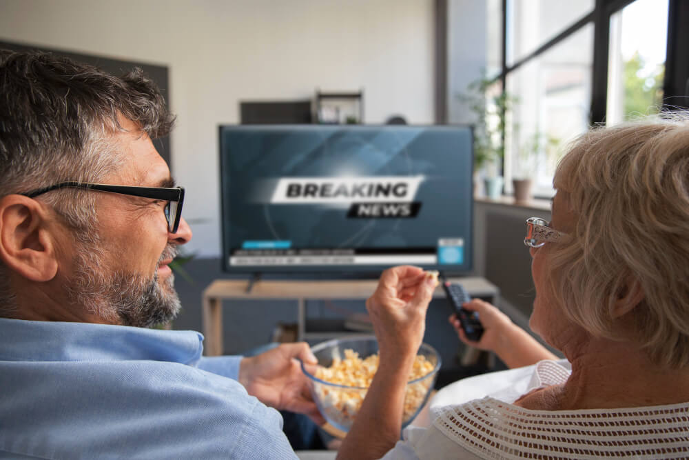 Licensed IPTV in Canada - Two senior adults sitting on couch eating popcorn watching Breaking News via IPTV services
