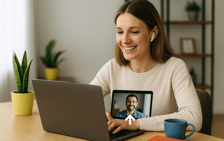 Good upload speed - lady in front of computer on a video call that's smooth and error free because of fast upload speed