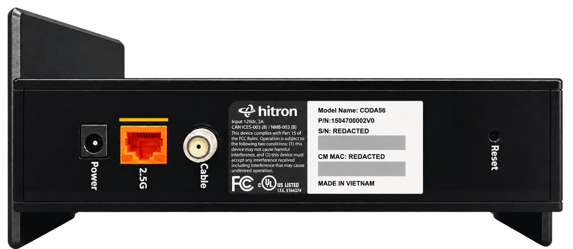 Rear view of Hitron CODA-56 showing cable, 2.5G Ethernet and power connections
